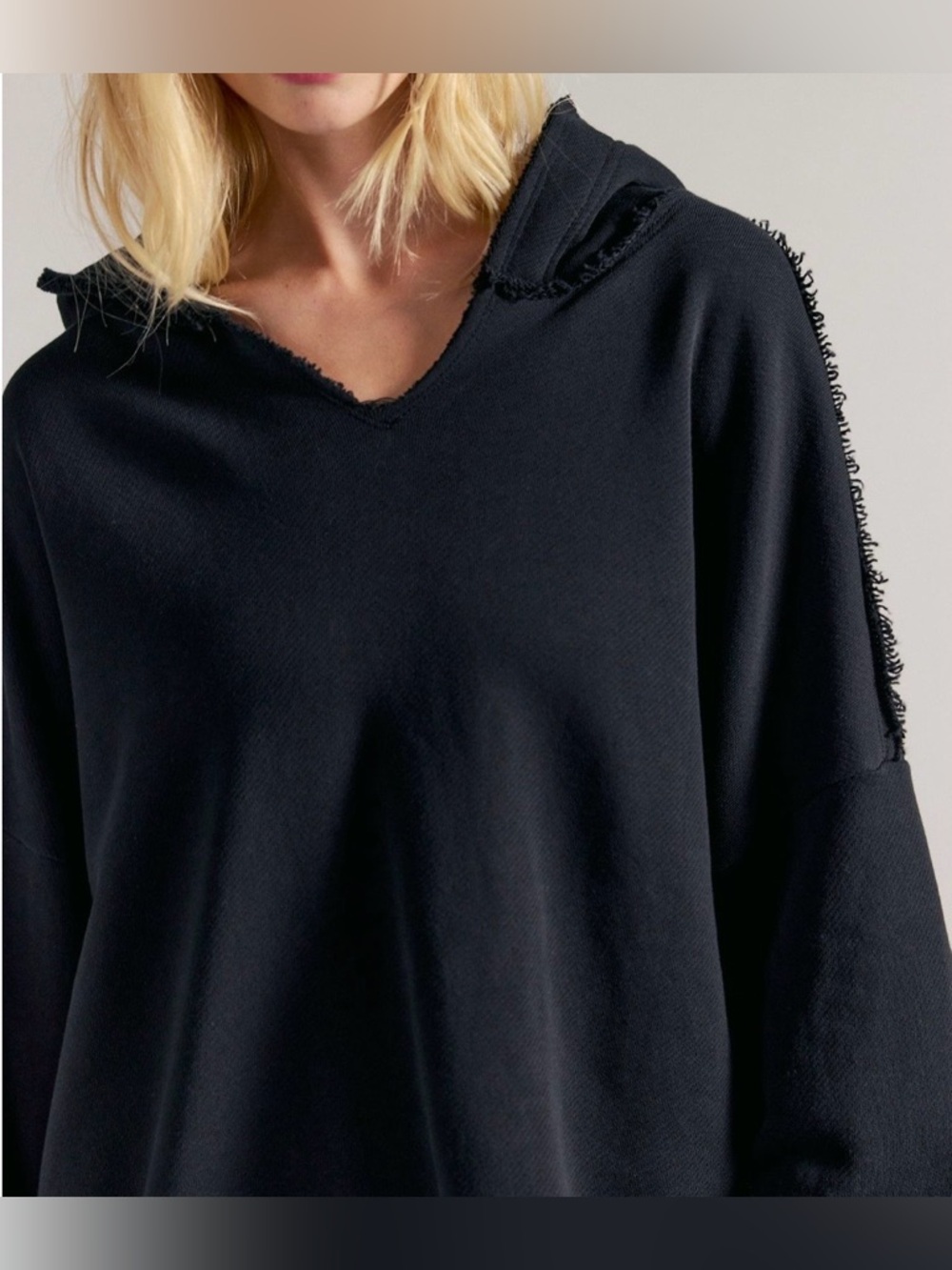 Free People Ragabond Kris Cross Black Raw-Edge Hooded Sweatshirt, M